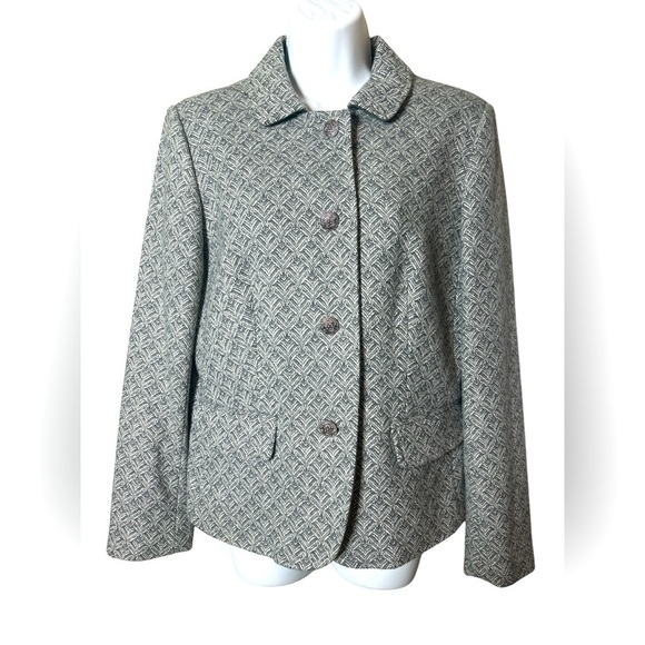 Talbots 1947 Womens Wool Blend Geometric Blazer Size 10 Gray White Detail Button - Picture 1 of 11